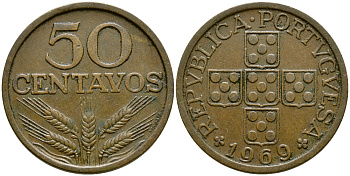 ПОРТУГАЛИЯ 50 СЕНТАВО 1969 KM 596 бронза 4388-645