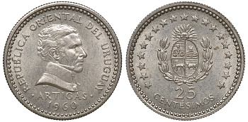 Уругвай 25 сентесимо 1960 KM 40 медно-никель 4169-826