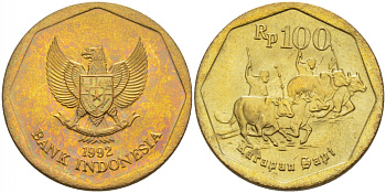 Индонезия 100 рупий 1992 гонки на быках KM 53 алюминиевая бронза UNC 3457-612