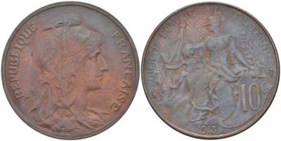ФРАНЦИЯ 10 САНТИМОВ 1913 ТИП ДАНИЭЛЬ ДЮПЮИ KM 843, LA FRANC 136.23 бронза 109-323
