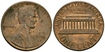 США 1 цент 1985 D, Линкольн KM 201b цинк плакированный медью 4136-261