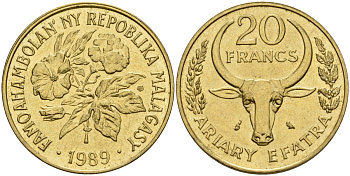 Мадагаскар 20 франков 1989 KM 12 алюминиевая бронза UNC 4604-824