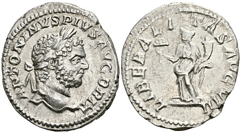 Римская Империя денарий 210 - 213 Каракалла LIBERALITAS AVG VIII Либералитата, персонификация Щедрости Рим Good Very fine RIC 219 серебро 1073-4-102