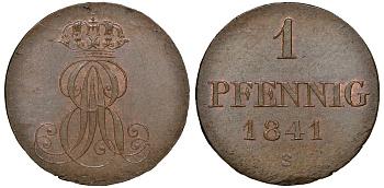 Ганновер 1 пфенниг 1841 S, Эрнст Август (1837-1851) KM 173.3, AKS 128, J. 54 медь 72-1626