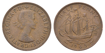 Великобритания 1/2 пенни 1965 Елизавета II (1952-2022) KM 896, Spink 4158 бронза 4662-1243