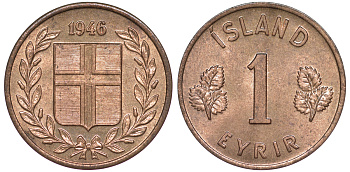 Исландия 1 эйре 1946 KM 8 бронза UNC 4596-219