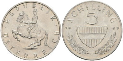 Австрия 5 шиллингов 1969 KM 2889a медно-никель UNC 4579-343