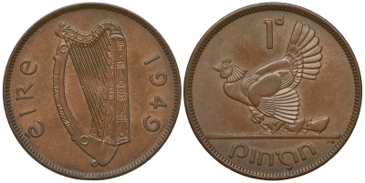 ИРЛАНДИЯ 1 ПЕННИ 1949 КУРИЦА С ЦЫПЛЯТАМИ KM 11 бронза 4389-814