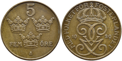 Швеция 5 эре 1929 Густав V (1907-1950) KM 779.2 бронза 4394-921
