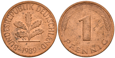 ФРГ 1 пфенниг 1989 D KM 105, J. 380 сталь плакированная медью    4598-656