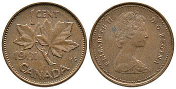 Канада 1 цент 1981 Елизавета II (1952-2022), кленовый лист KM 127 бронза 46-1957