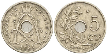 БЕЛЬГИЯ 5 САНТИМОВ 1931 BELGIE KM 94 медно-никель 3309-1262