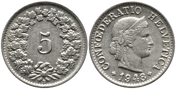 ШВЕЙЦАРИЯ 5 РАППЕНОВ 1948 KM 26 медно-никель 4528-635
