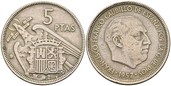 Испания 5 песет 1957(63) Франциско Франко (1939-1975) KM 786 медно-никель 4583-1213