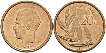 Бельгия 20 франков 1981 Belgie KM 160 никель бронза UNC 189-941