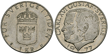 Швеция 1 крона 1977 Карл XVI Густав (1973- ) KM 852 медь плакированная медно-никелем 4176-553