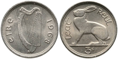 Ирландия 3 пенса 1968 заяц KM 12а медно-никель 4525-1131
