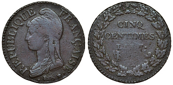 Франция 5 сантимов 1798 A, директория (1795-1799), AN 7 KM 640.1 бронза 4123-235