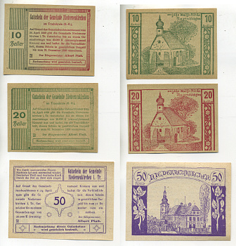 Австрия, Нидернойкирхен набор из 3 банкнот 1920 24 апреля 1920-31 декабря 1920, нотгельд, 10, 20, 50 геллеров, Niederneukirchen im Trir   бумага  aUNC  7555-10-4-1