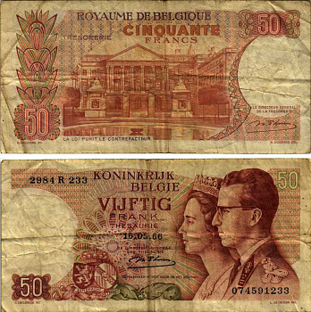 БЕЛЬГИЯ 50 ФРАНКОВ 1966 16 МАЯ 1966, ПОДПИСЬ 18, КОРОЛЬ БОДУЭН И КОРОЛЕВА ФАБИОЛА Pick 139 бумага 7219-43-1-2