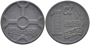 НИДЕРЛАНДЫ 1 ЦЕНТ 1942 ВИЛЬГЕЛЬМИНА (1890-1948) KM 170 цинк 76-551