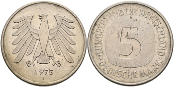 ФРГ 5 марок 1975 F, монетный двор Штутгарт КМ 140.1, J. 415 медно-никель плакированный никелем 4574-431