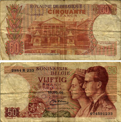 БЕЛЬГИЯ 50 ФРАНКОВ 1966 16 МАЯ 1966, ПОДПИСЬ 18, КОРОЛЬ БОДУЭН И КОРОЛЕВА ФАБИОЛА Pick 139 бумага 7219-43-1-2