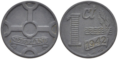 НИДЕРЛАНДЫ 1 ЦЕНТ 1942 ВИЛЬГЕЛЬМИНА (1890-1948) KM 170 цинк 76-551