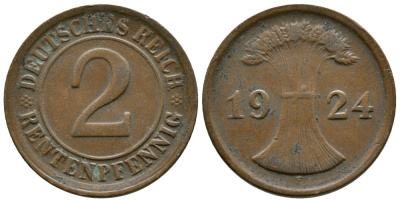 ГЕРМАНИЯ 2 РЕНТЕНПФЕННИГА 1924 E KM 31, J.307 бронза 86-1835