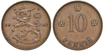 Финляндия 10 пенни 1940 KM 24 медь 51-3222