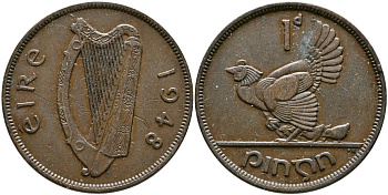 ИРЛАНДИЯ 1 ПЕННИ 1948 КУРИЦА С ЦЫПЛЯТАМИ KM 11 бронза 4531-644