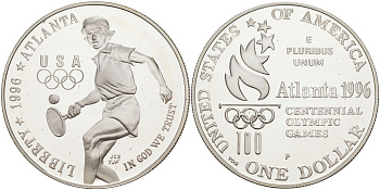 США 1 доллар 1996 Р, XXVI Олимпийские игры в Атланте, большой теннис KM 269 серебро PROOF 00-00