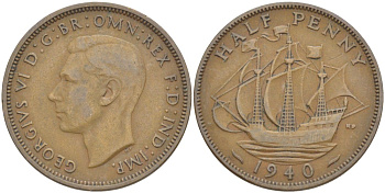 Великобритания 1/2 пенни 1940 Георг VI (1936-1952) KM 844, Spink 4115 бронза 4539-645