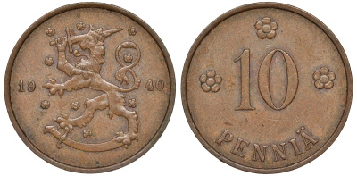 Финляндия 10 пенни 1940 KM 24 медь 51-3222
