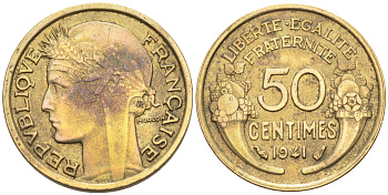 ФРАНЦИЯ 50 САНТИМОВ 1941 ТИП MORLON KM 894.1, LE FRANC 192.18 алюминиевая бронза 4588-355