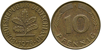 ФРГ 10 ПФЕННИГОВ 1978 F KM 108, J.383 сталь плакированная латунью 33-135