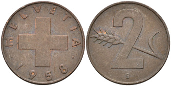 Швейцария 2 раппена 1958 В KM 47 бронза 4591-1225