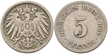 ГЕРМАНИЯ 5 ПФЕННИГОВ 1906 A, KM 11, J. 12 медно-никель 75-914