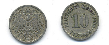 ГЕРМАНИЯ 10 ПФЕННИГОВ 1906 A KM 12, J. 13 медно-никель 58-247