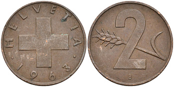Швейцария 2 раппена 1963 В KM 47 бронза 4591-1246