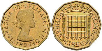 Великобритания 3 пенса 1958 Елизавета II (1952-2022) KM 900, Spink 4153 никель латунь 4592-423