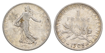 Франция 1 франк 1905 KM 844 серебро 4656-212