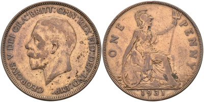 Великобритания 1 пенни 1931 Георг V (1910-1936) KM 838, Spink 4055 бронза 4117-823