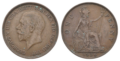 Великобритания 1 пенни 1936 Георг V (1910-1936) KM 838, Spink 4055 бронза 4661-734