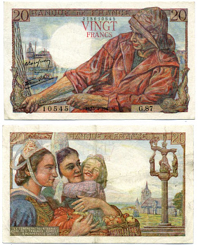 Франция 20 франков 1943 15 апреля 1943, signatures: Rousseau & Favre-Gilly, рыбаК Pick 100а бумага XF 6293-19-2-2