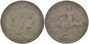 ФРАНЦИЯ 5 САНТИМОВ 1902 ТИП ДАНИЭЛЬ ДЮПЮИ KM 842, LE FRANC 119.12 бронза 108-841
