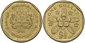 Сингапур 1 доллар 1988 барвинок KM 54b алюминиевая бронза 4556-1224