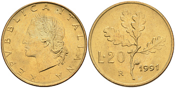Италия 20 лир 1991 R, дубовый лист KM 97.2 алюминиевая бронза  UNC  4594-769
