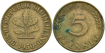 ФРГ 5 пфеннигов 1950 D KM 107, J.382 сталь плакированная латунью 4364-1554