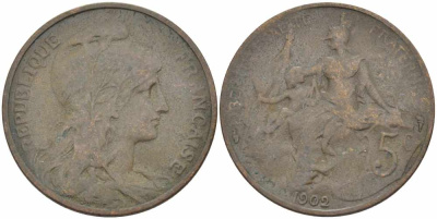 ФРАНЦИЯ 5 САНТИМОВ 1902 ТИП ДАНИЭЛЬ ДЮПЮИ KM 842, LE FRANC 119.12 бронза 108-841